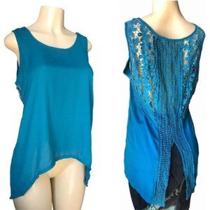 Romeo & Juliet Teal High Low Crochet Back Tank Top